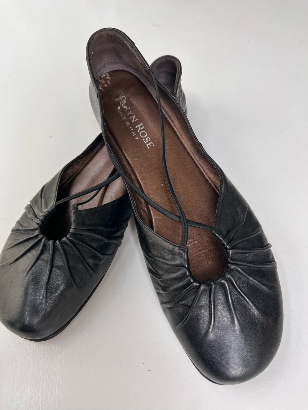 Taryn Rose Black Leather Ruched Ballet Flats with Cross Straps